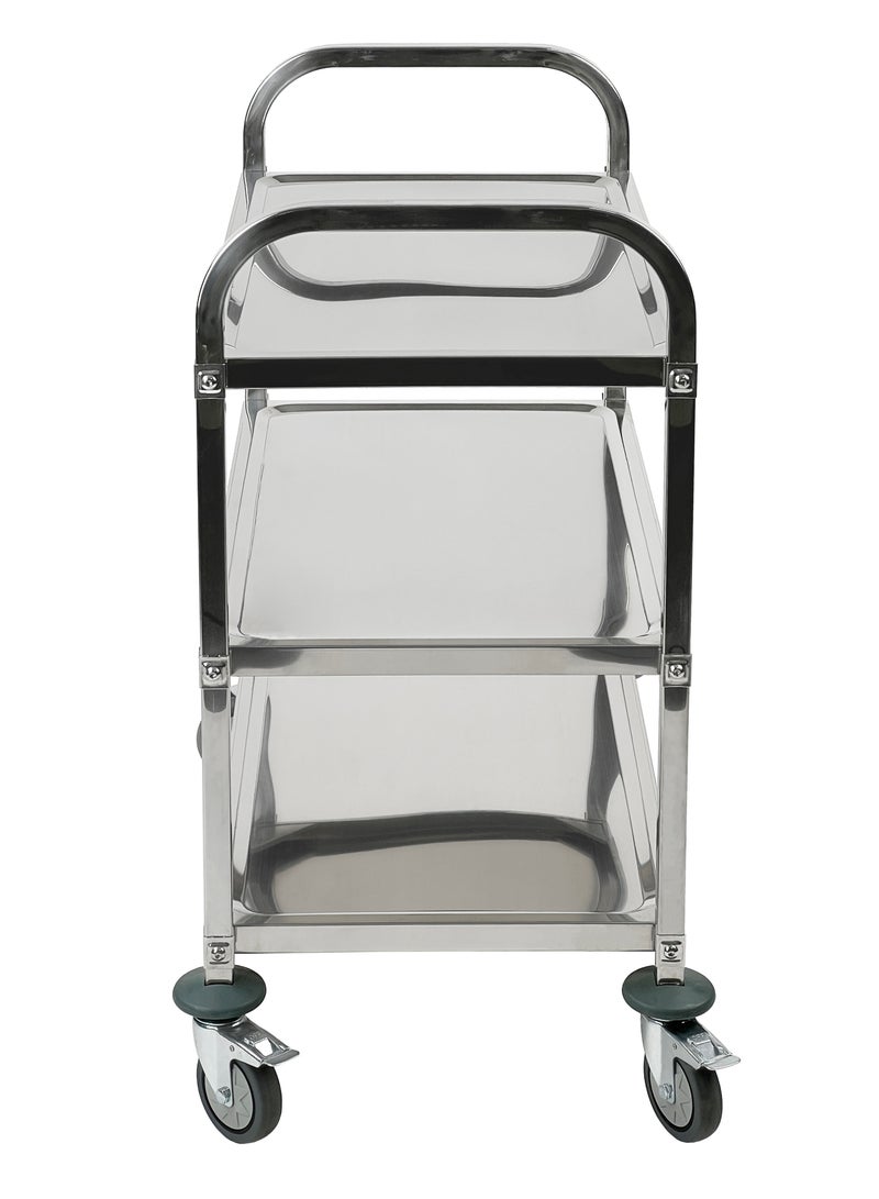 3-Tier Rolling Utility Cart | Service Trolley Suitable For Kitchens, Catering Halls, Food Service, Hotels, & Homes | 360-Degree Rotating Lockable Swivel Wheels | Stainless Steel | Medium - Image 3
