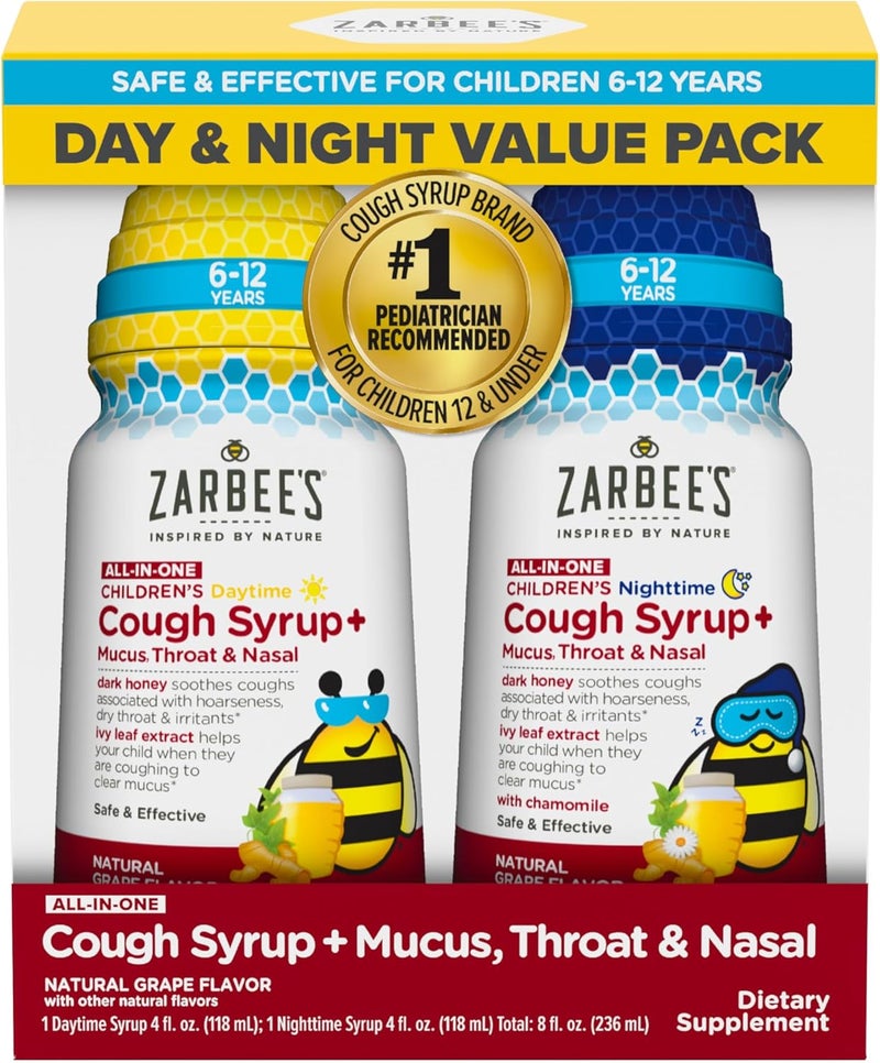 Zarbee's Zarbee's Kids All-in-One Day/Night Cough Value Pack for Children 6-12 with Dark Honey, Turmeric, B-Vitamins & Zinc, 1 Pediatrician Recommended, Drug & Alcohol-Free, Grape Flavor, 2x4FL Oz 
