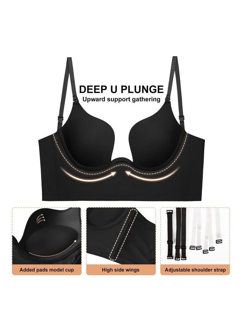 SYOSI - Backless Bra, Women's Low Back Bra Deep U Shaped Plunge, Bralette Multiway Convertible with Clear Straps, Push Up Intimates Female Summer, Soft Wire Lifting Bras for Dress Wedding, 36/80 AB - Image 1