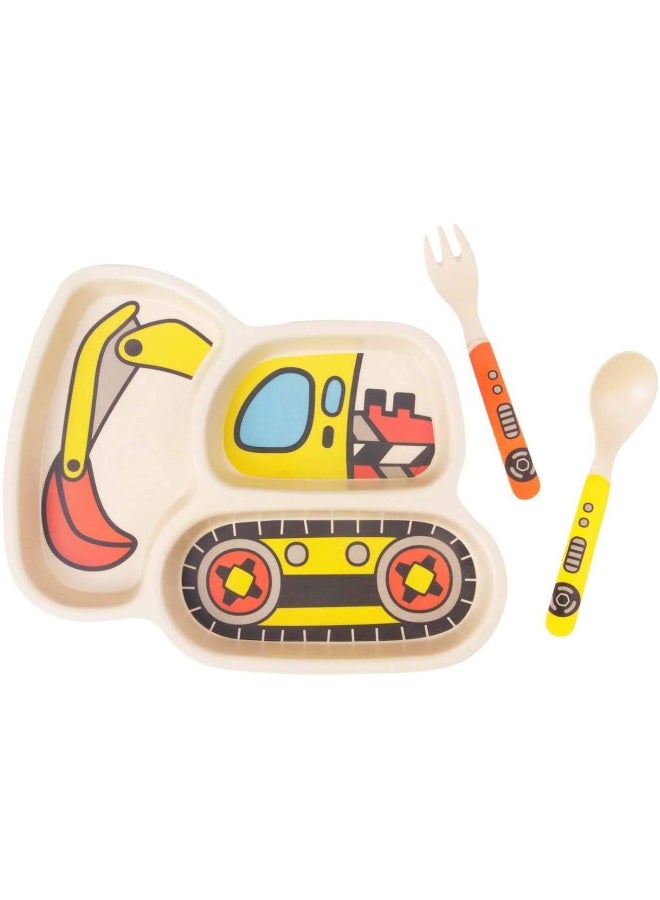 Lightening Lightening Kid Plate Set Bamboo Fibre Tableware Baby Feeding Spill Proof Stay Put Suction Divided Plate - Baby Spoon and fork 3-Piece Set for Kids and Toddlers Teaches Child Portion Control - Image 1