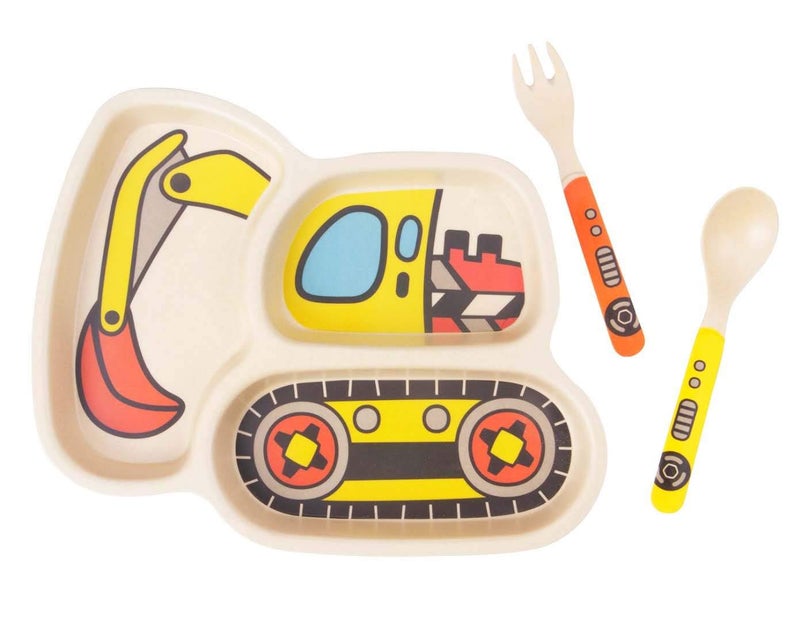 Lightening Kids Plates - 3-Piece Bamboo Toddler Plates Dinnerware Set - Divided Plate, Baby Spoon & Fork - Teaches Portion Control - Image 1