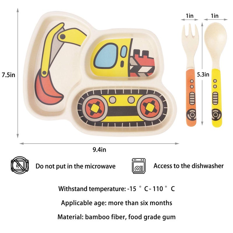 Lightening Kids Plates - 3-Piece Bamboo Toddler Plates Dinnerware Set - Divided Plate, Baby Spoon & Fork - Teaches Portion Control - Image 3