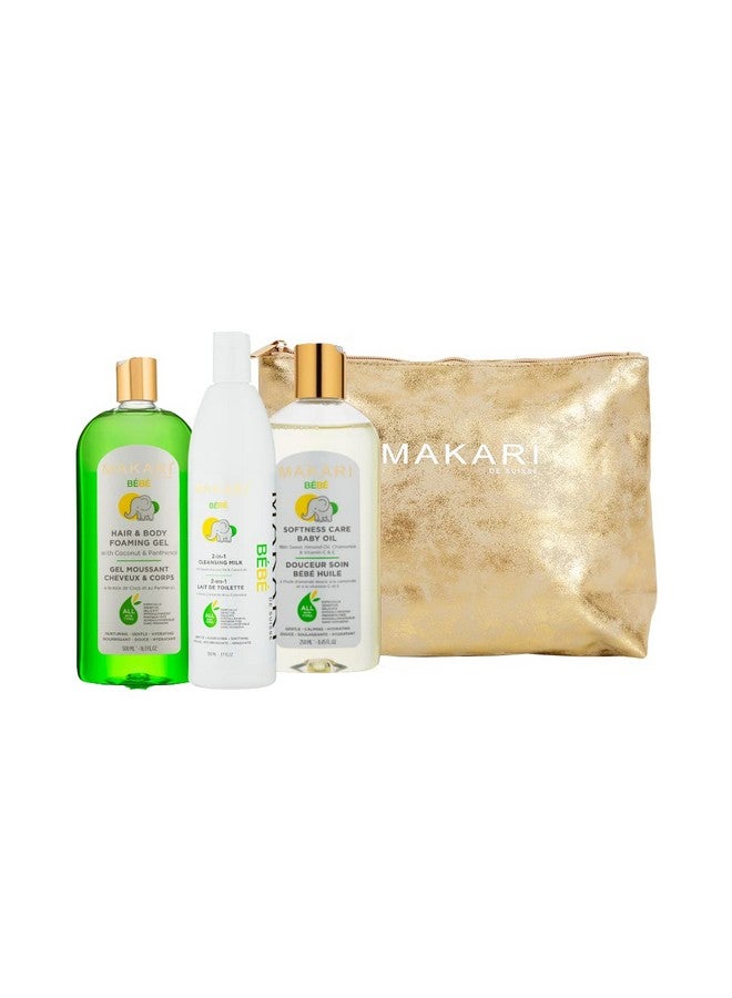 MAKARI Bebe 3 Piece Shower Gift Set - Foaming Gel, Cleansing Milk & Oil, Gentle, Nourishing & Calming Bath Routine for Newborn and Up, Hypoallergenic & Paraben-Free Baby Care Products - Image 1