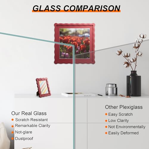 THKRLOF 12x12 Picture Frame with Mat for 10x10 Wavy Edge Wooden Real Glass Photo Frame for Wall Hanging Red 1 Pack - Image 3