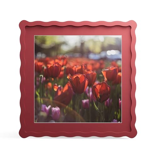 THKRLOF 12x12 Picture Frame with Mat for 10x10 Wavy Edge Wooden Real Glass Photo Frame for Wall Hanging Red 1 Pack - Image 1