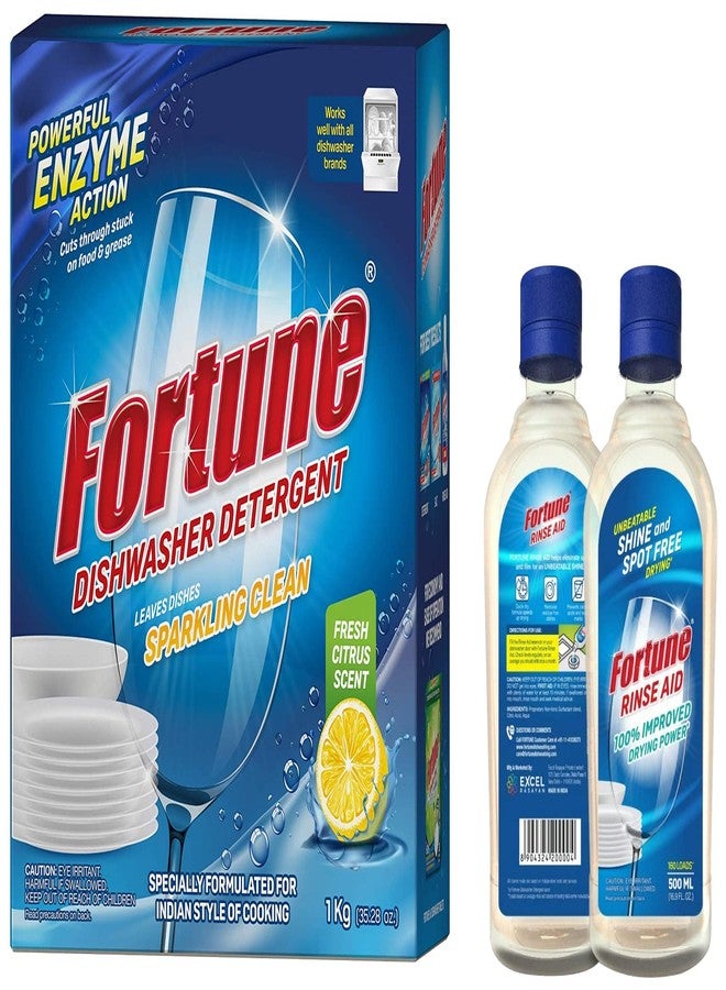 Fortune Dishwasher Detergent Powder- 1 Kg x 5 Pcs - Compatible with All Dishwasher Brands & Rinse Aid Regular Combo Pack - 500 ml (Pack of 6 - Image 1