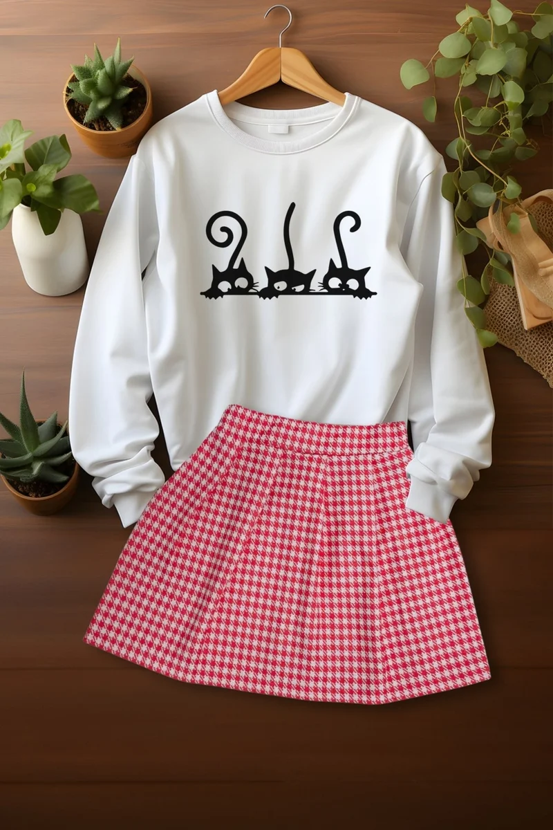 Ada Bebek Çocuk Ada Baby Child Style Plaid Skirt Cute Friends Sweat Skirt Top and Bottom Set
