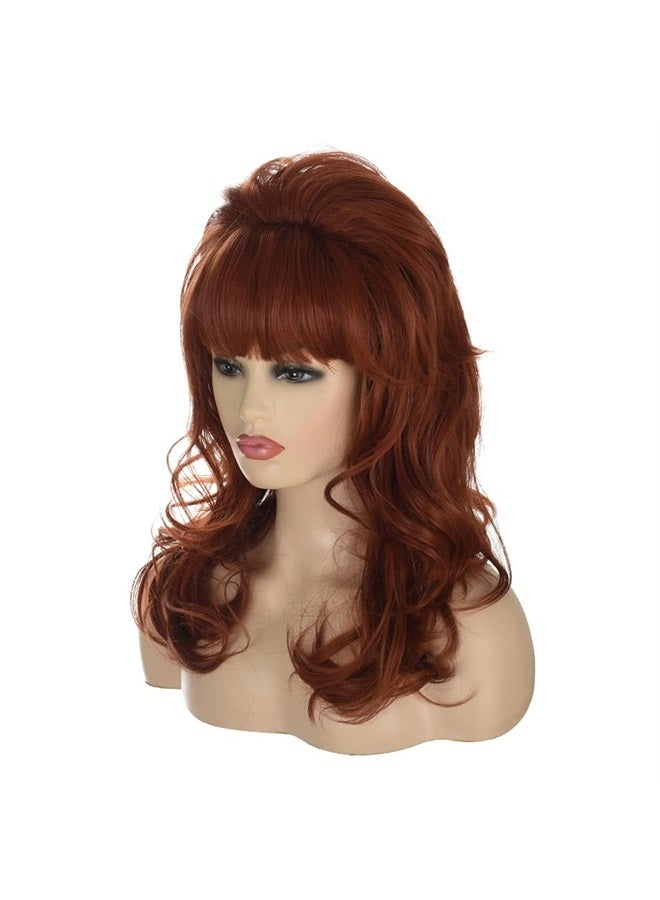 FVCENT 80s housewife wig Big Bouffant Hair Long Wavy Classical Beehive Wigs with Bangs Married Costumes for Women (Auburn) - Image 3