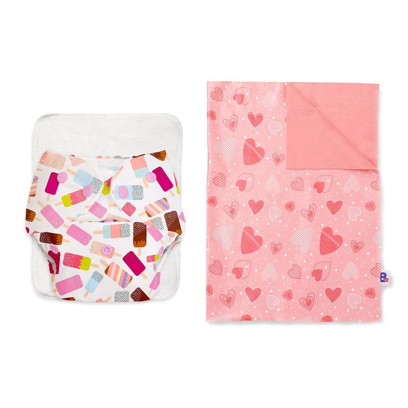 Superbottoms SuperBottoms Basic Icecream Print diaper with soaker | BASIC Bed Protecting Mat Peppy Pink print Medium size - Bed & Floor Protector/Playmat, Super Light-Weight, 8.5X Absorbent  - Image 1