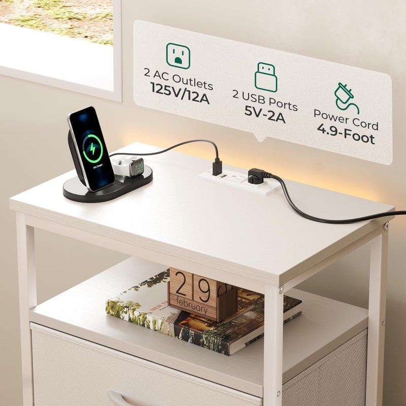 Huuger Night Stand with Charging Station, Multiple Drawer Dresser for Bedroom, Bedside Table, Tall Nightstand with PU Leather Finish, Open Shelf, End Table, for Closet, Entryway, Bedroom, White - Image 3