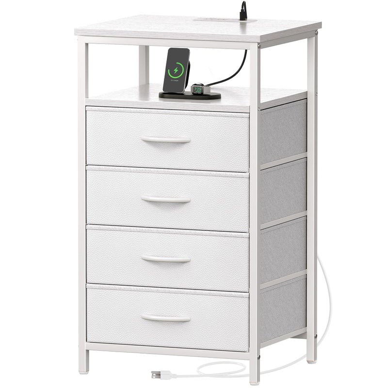 Huuger Night Stand with Charging Station, Multiple Drawer Dresser for Bedroom, Bedside Table, Tall Nightstand with PU Leather Finish, Open Shelf, End Table, for Closet, Entryway, Bedroom, White - Image 1