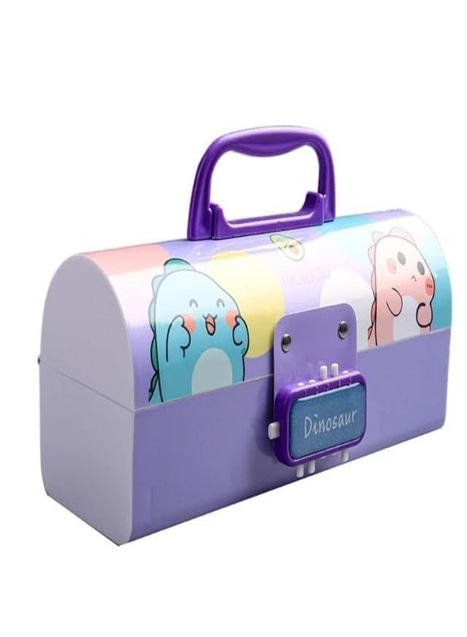 SQUICKLE Double Password Lock Cartoon Pencil Case | Multifunctional Stationery Organizer Box | Suitcase Shape Pencil Case for Boys and Girls for Birthday Gift (Pack of 1) (Dinosaur-Purple) - Image 1