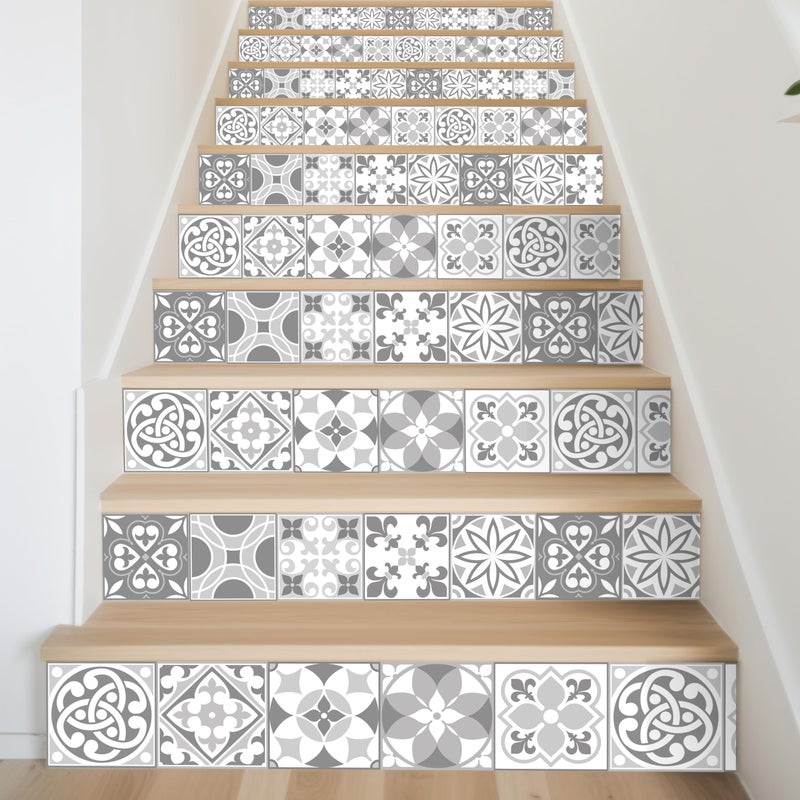 WALPLUS Peel and Stick Stair Riser Decals  15 Strips 39 x 71 Spanish and Moroccan Gray Stair Stickers  Easy Installation Home Decor