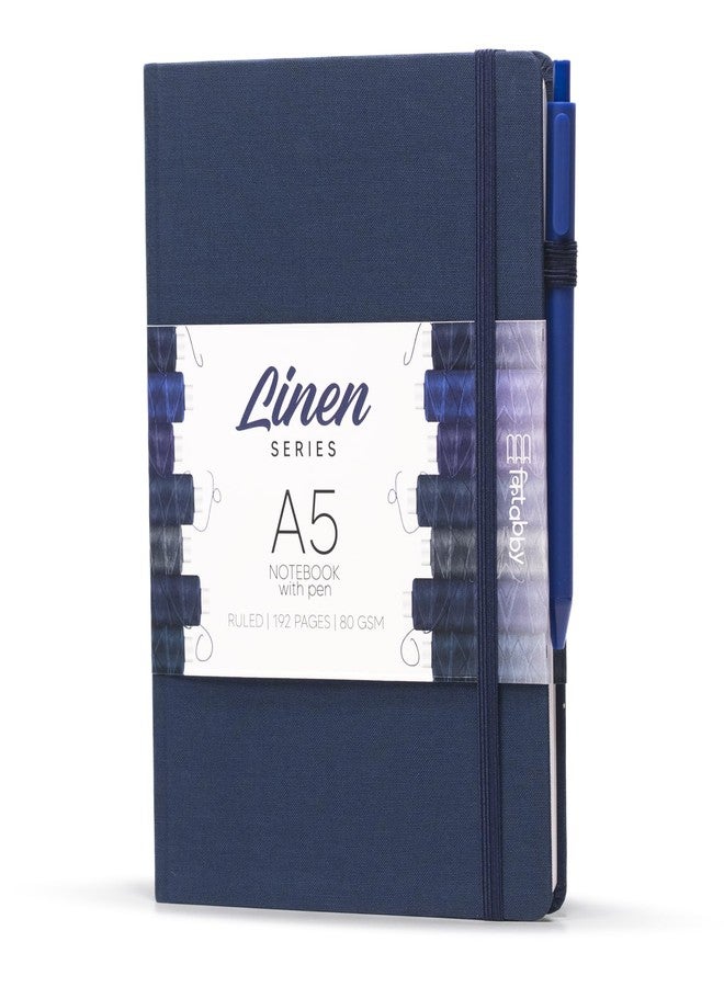 Kitabby – Linen Series – A5 Size Hard Bound Notebook with Pen, Elastic Band and Back Pocket – 192 Pages – 80gsm Natural Shade Paper – Linen Fabric Cover Material – Navy Blue - Image 1
