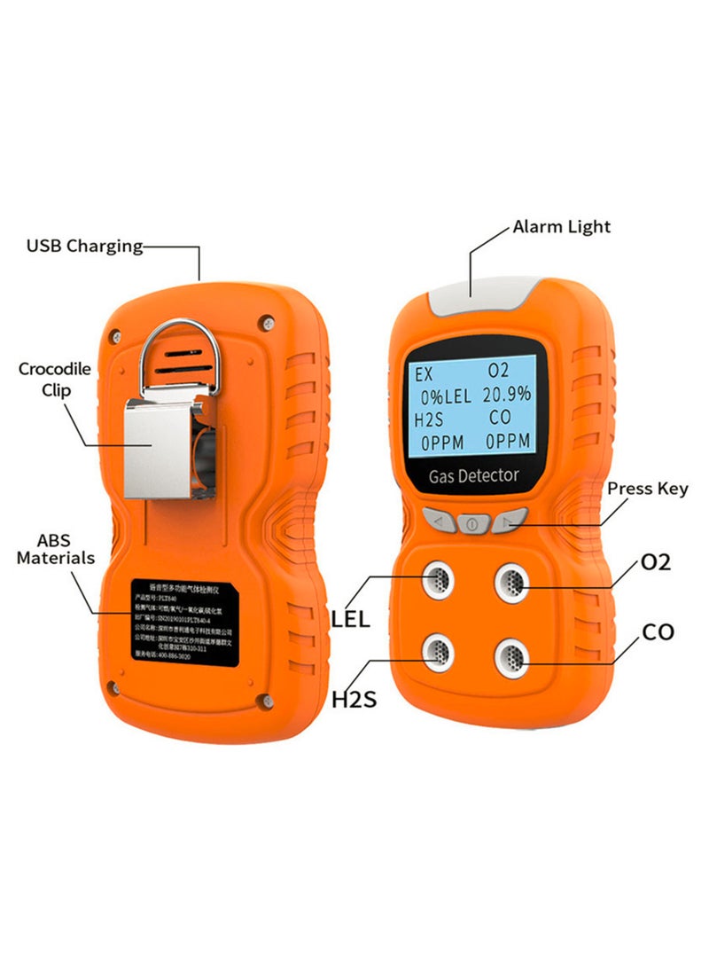 4-Gas Monitor Meter Tester Analyzer Portable Gas Detector CO Monitor Digital Toxic Gas Detector Rechargeable LCD Display Sound Light Vibration Alarm Air Quality Tester
