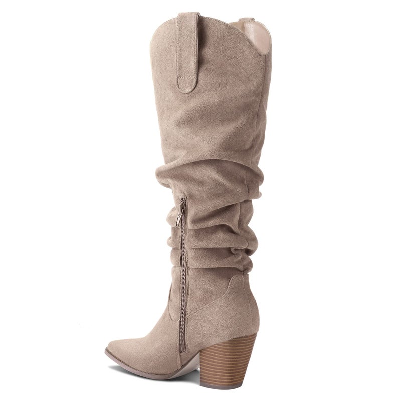 mysoft Women's Cowboy Knee-High Boots Pointed Toe Mid Chunky Heel Pull On Slouchy Boots with Zippers - Image 5