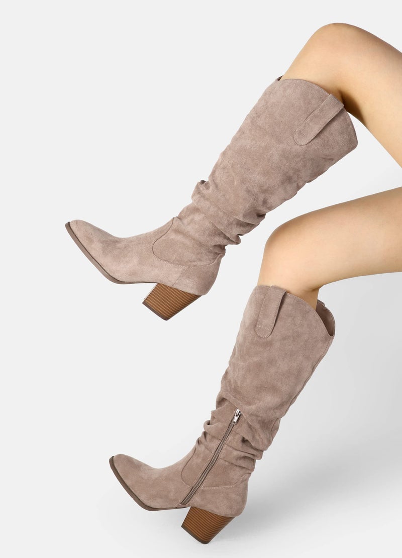 mysoft Women's Cowboy Knee-High Boots Pointed Toe Mid Chunky Heel Pull On Slouchy Boots with Zippers - Image 2