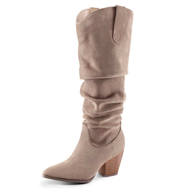 mysoft Women's Cowboy Knee-High Boots Pointed Toe Mid Chunky Heel Pull On Slouchy Boots with Zippers - Image 1