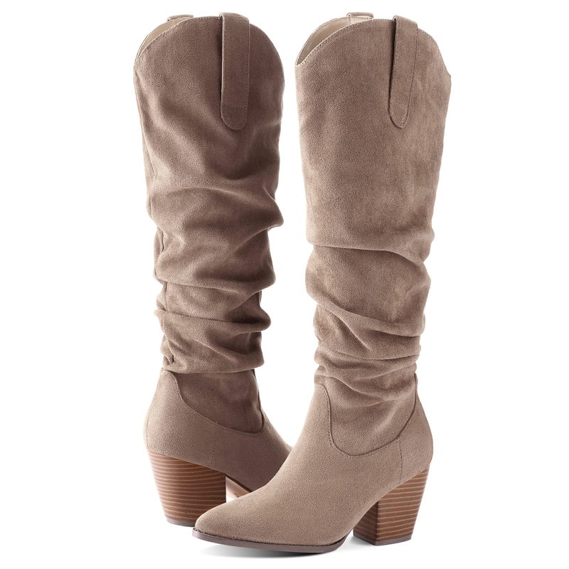 mysoft Women's Cowboy Knee-High Boots Pointed Toe Mid Chunky Heel Pull On Slouchy Boots with Zippers - Image 3