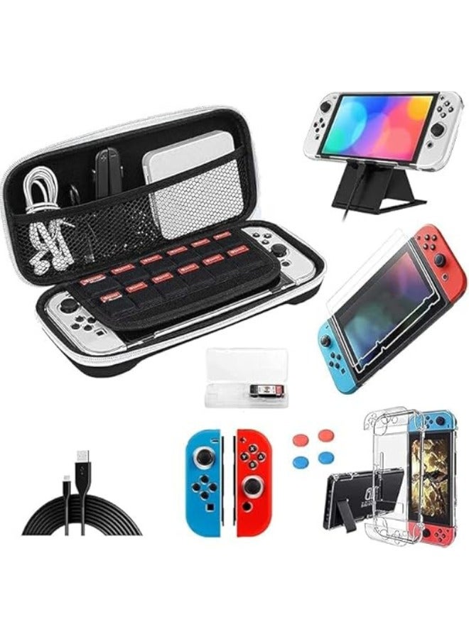 Zimtal Carrying Case for Nintendo Switch, Travel Carrying Case Data cable, kickstand, thumb grip caps, protective cover case, and screen protector are included in the pouch accessoriess. - Image 1