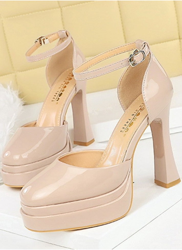 BIGTREE Womens Platform Chunky High Heels Round Closed Toe With Ankle Strap Pumps Pale Pink 11.5CM  - Image 1