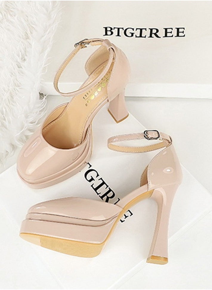 BIGTREE Womens Platform Chunky High Heels Round Closed Toe With Ankle Strap Pumps Pale Pink 11.5CM  - Image 3