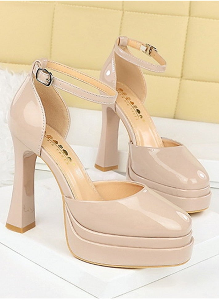 BIGTREE Womens Platform Chunky High Heels Round Closed Toe With Ankle Strap Pumps Pale Pink 11.5CM  - Image 2