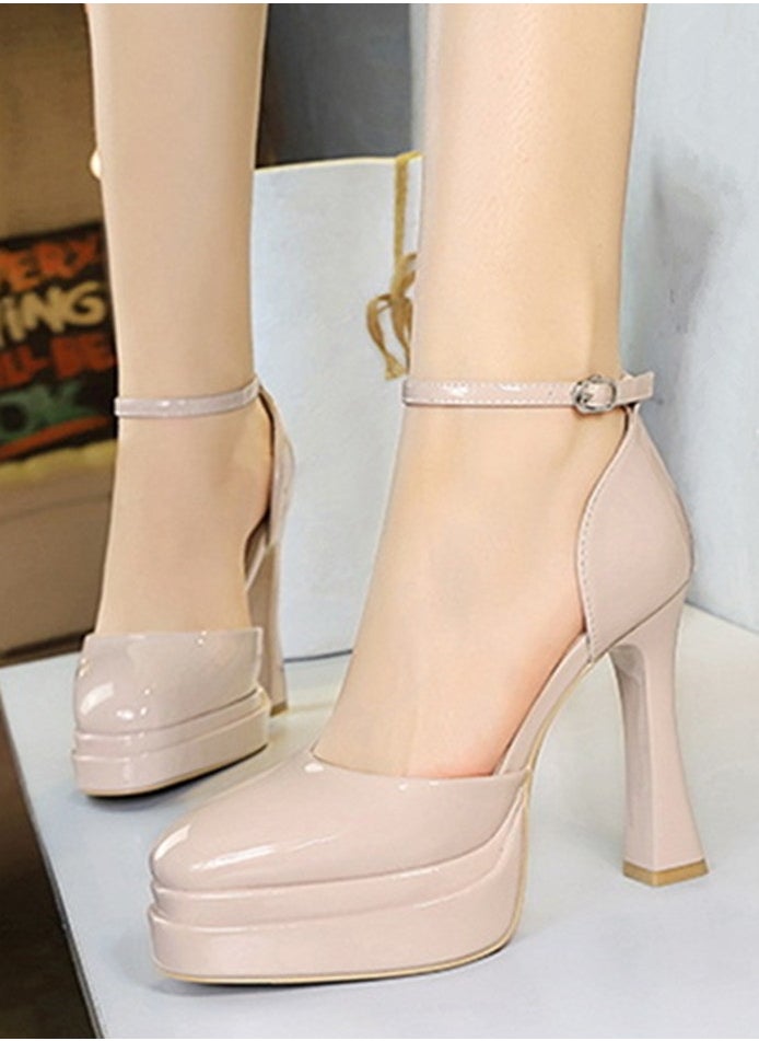 BIGTREE Womens Platform Chunky High Heels Round Closed Toe With Ankle Strap Pumps Pale Pink 11.5CM  - Image 4