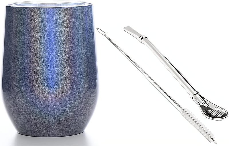 Zikra Yerba Mate Tea Cup And Bombilla Straw Set 12oz double-wall Stainless Coffee Water Tea Cup Natural Mate Gourd Cup Kit For Yerba Mate Loose Leaf Drinking, Easy to Clean (Discolored Blue) - Image 1