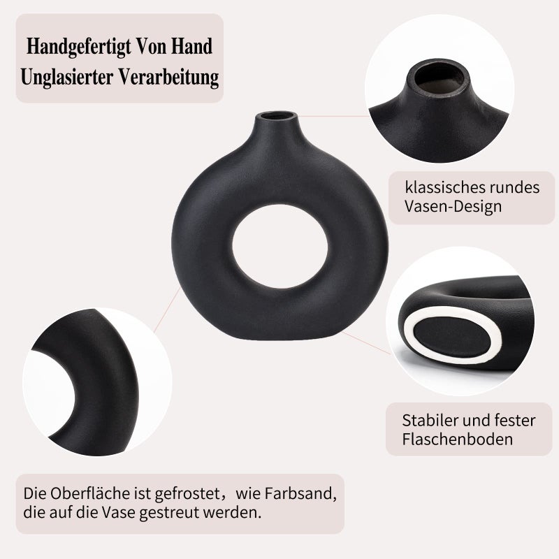 CEMABT Black Donut Vase Hollow Ceramic Vase for Flowers Handmade Minimalist Boho ins Style Modern Home Decor for Wedding Dinner Table Party Living Room Office Bedroomï¼ˆM - Image 3
