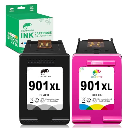 COLORETTO خراطيش حبر بديلة COLORETTO المعاد تصنيعها لطابعة HP 901XL للاستخدام مع HP Officejet 4500 G510a G510g G510n J4500 J4524 J4624 J4660 J468 (1 أسود + 1 ملون) حزمة كومبو - Image 1