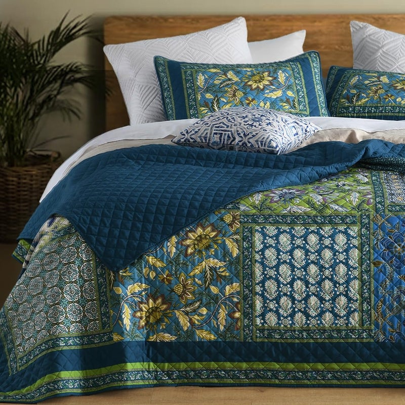 TEXSTEAD Queen Quilt Set for Bed - 100% Cotton Quilts Patchwork Comforter Coverlet Bedspread Reversible 90"x90" with 2 Pillow Shams - Image 1