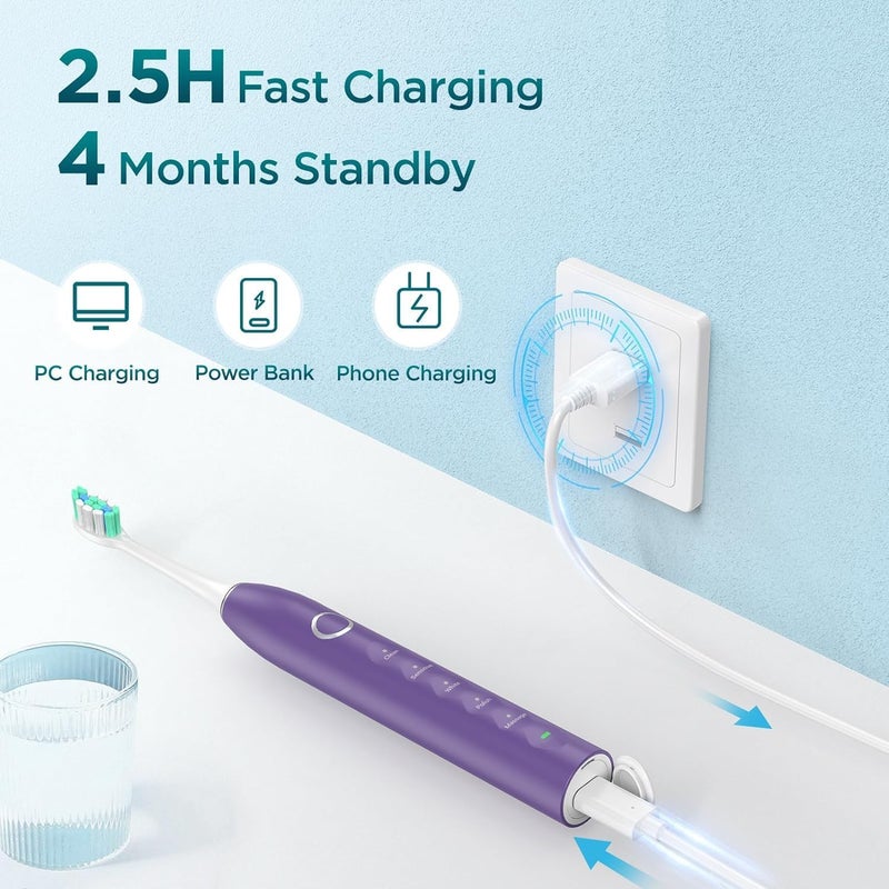 Fronix Electric Toothbrush for Adults with 8 Brush Heads, Sonic Toothbrush Rechargeable with a Holder & Travel Case, 2.5 Hours Charge for 120 Days Use - Purple - Image 4