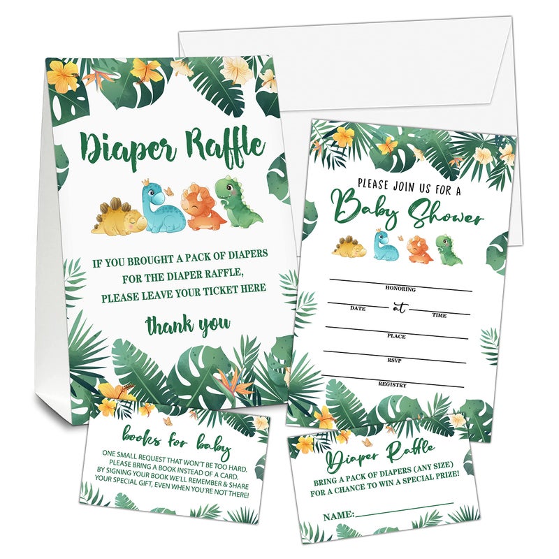 DETIHO 25 Dinosaur Baby Shower Invitation Cards With Envelopes 4 x 6 1 Diaper Raffle SelfStanding Sign With 25 Game Cards 25 Book Request Cards a05