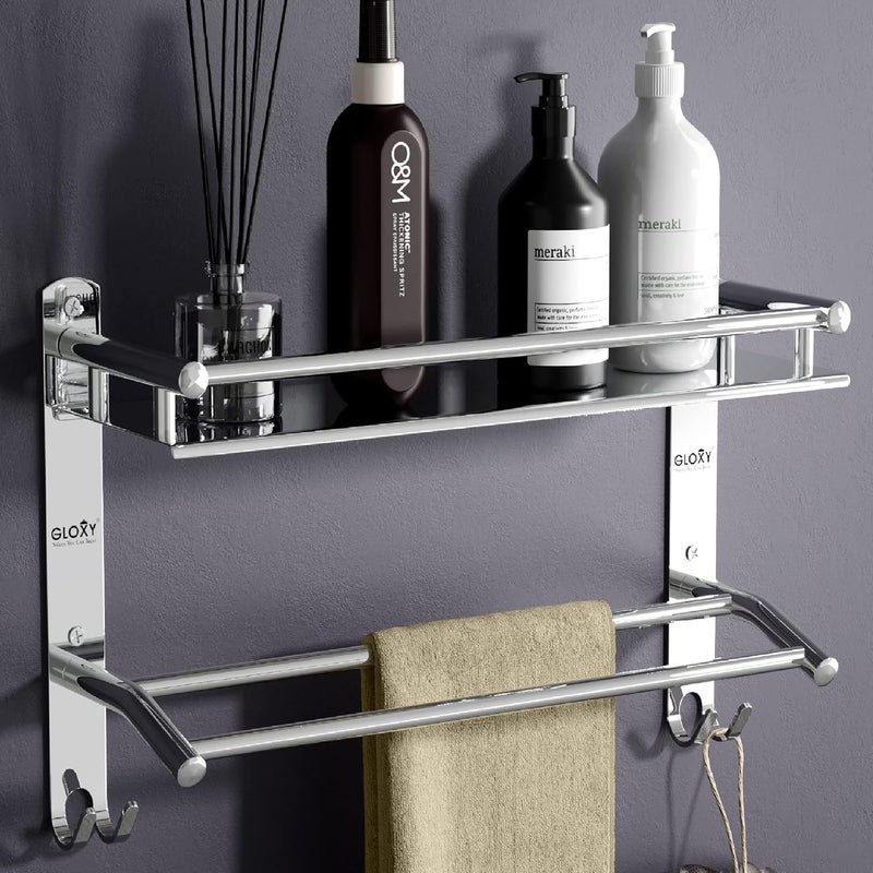 GLOXY ENTERPRISE Stainless Steel Single Layer Shelf with Bathroom Towel Stand Versatile Bathroom Organiser Bathroom Rack to Keep Towels Dry and Bathroom Items Stored Size 15X5X10 inSilver - Image 1
