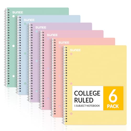 SUNEE Spiral Notebooks, 6 Pack, 1-Subject, College Ruled Paper, 8" x 10-1/2", 70 Sheets per Notebook, Assorted Pastel Colors Spiral Notebooks for School - Image 1