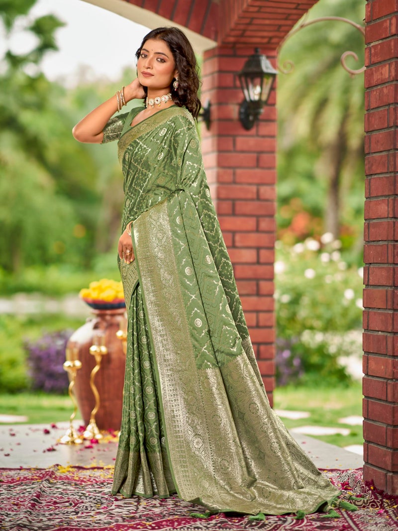 MANOHARI Women's Most Trendy Banarasi Satin Silk Woven Olive Green Saree With Heavy Jacquard Work Saree With Blouse Piece_MN2031 - Image 2