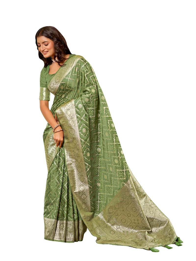 MANOHARI Women's Most Trendy Banarasi Satin Silk Woven Olive Green Saree With Heavy Jacquard Work Saree With Blouse Piece_MN2031 - Image 1
