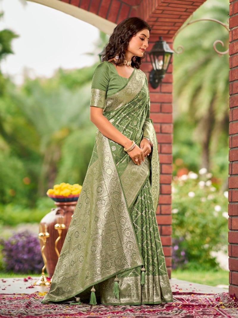 MANOHARI Women's Most Trendy Banarasi Satin Silk Woven Olive Green Saree With Heavy Jacquard Work Saree With Blouse Piece_MN2031 - Image 4