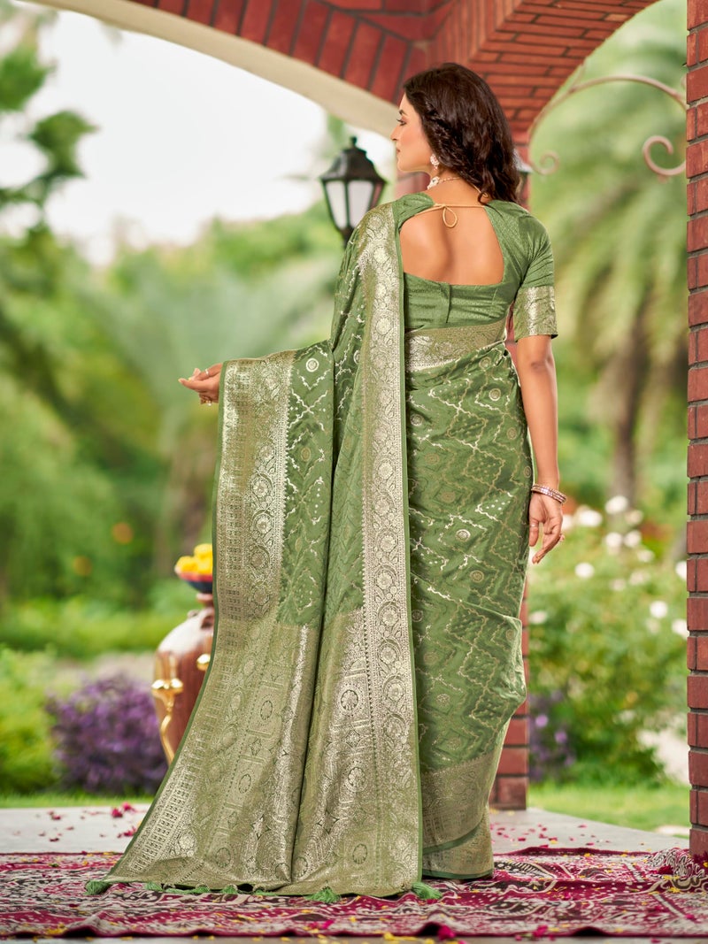 MANOHARI Women's Most Trendy Banarasi Satin Silk Woven Olive Green Saree With Heavy Jacquard Work Saree With Blouse Piece_MN2031 - Image 3
