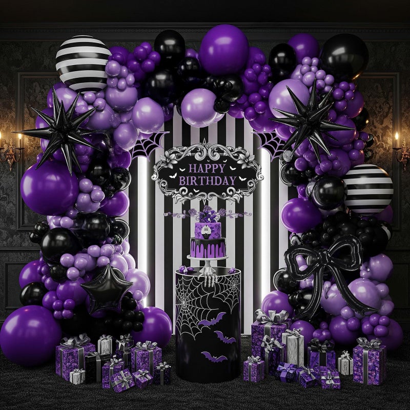 yeewaka Purple Black Balloon Arch Garland Kit with Bow Star Mylar balloons and Gothic Birthday Backdrop Black white striped balloons for Gothic Girl TV Drama Decorations Spooky Halloween k pop Party Supplies - Image 1