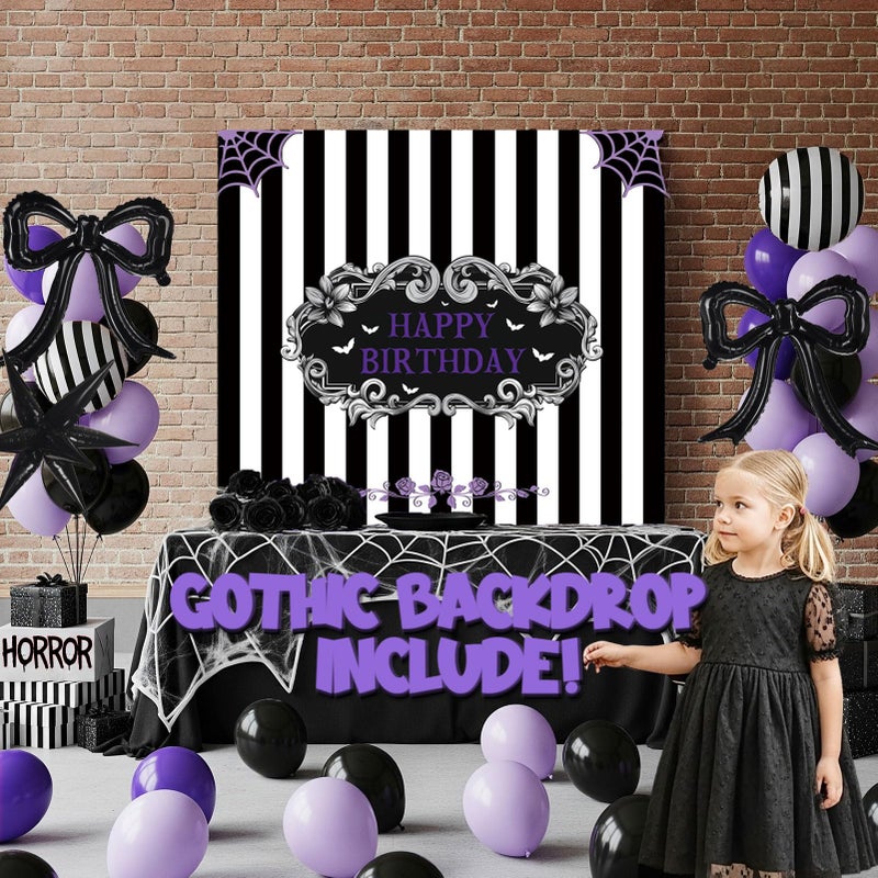 yeewaka Purple Black Balloon Arch Garland Kit with Bow Star Mylar balloons and Gothic Birthday Backdrop Black white striped balloons for Gothic Girl TV Drama Decorations Spooky Halloween k pop Party Supplies - Image 3