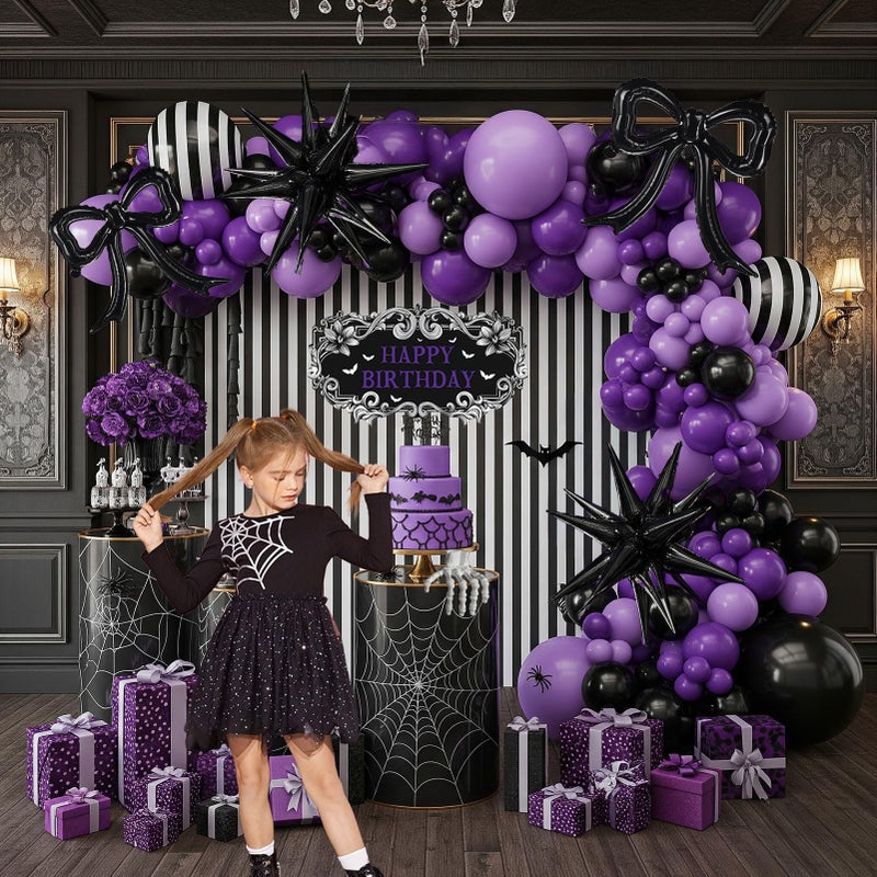 yeewaka Purple Black Balloon Arch Garland Kit with Bow Star Mylar balloons and Gothic Birthday Backdrop Black white striped balloons for Gothic Girl TV Drama Decorations Spooky Halloween k pop Party Supplies - Image 2