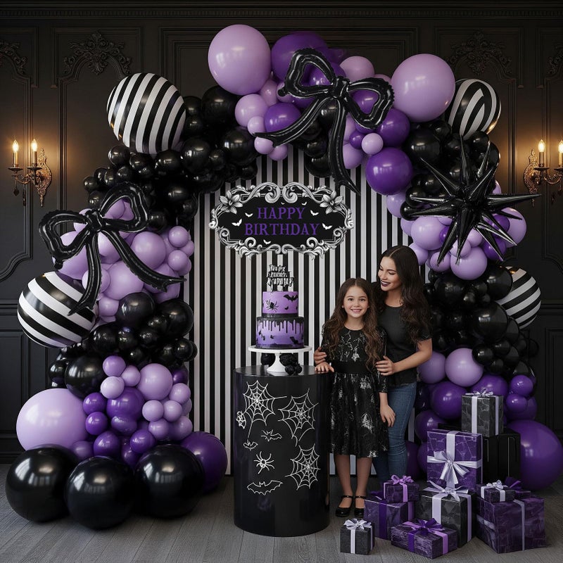yeewaka Purple Black Balloon Arch Garland Kit with Bow Star Mylar balloons and Gothic Birthday Backdrop Black white striped balloons for Gothic Girl TV Drama Decorations Spooky Halloween k pop Party Supplies - Image 4