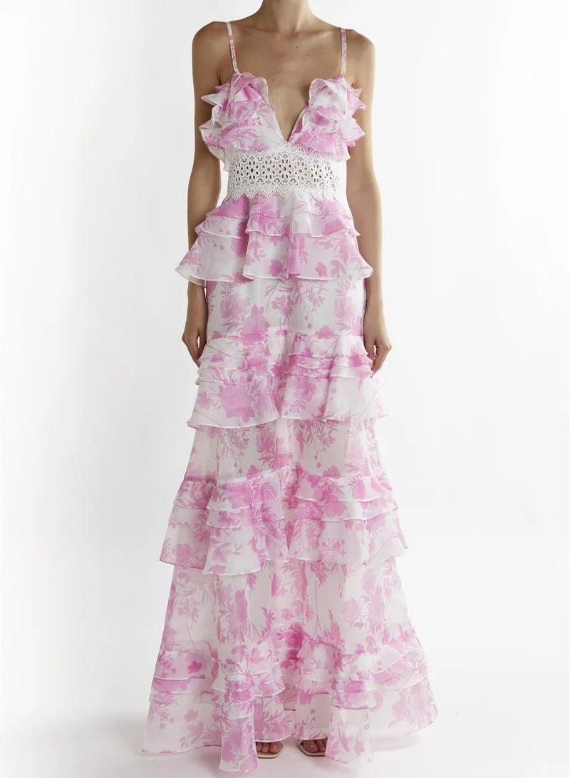 True Decadence Mila Candy Pink Floral V-Neck Layered Ruffle Strappy Maxi Dress