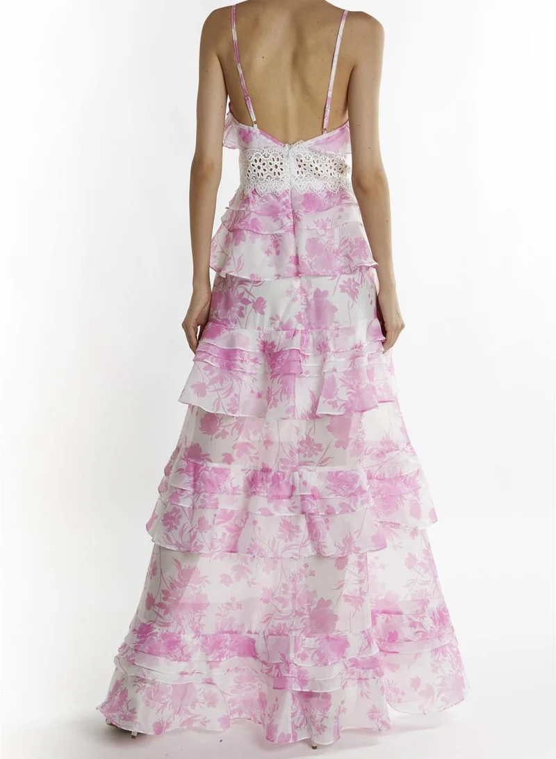 True Decadence Mila Candy Pink Floral V-Neck Layered Ruffle Strappy Maxi Dress
