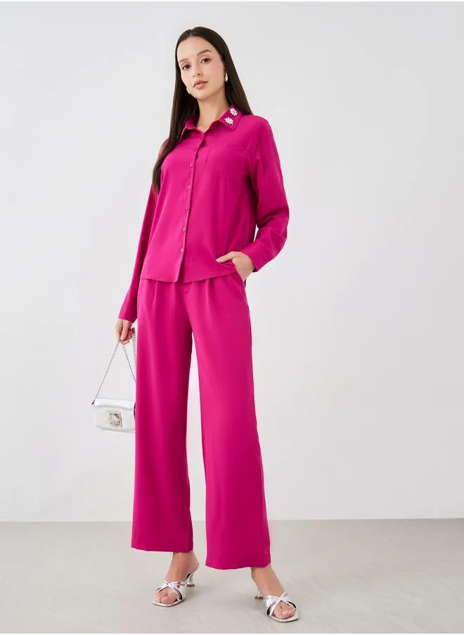 تايك تو Take Two Embellished Spared Collar Buttoned Shirt and Pants Co-Ords