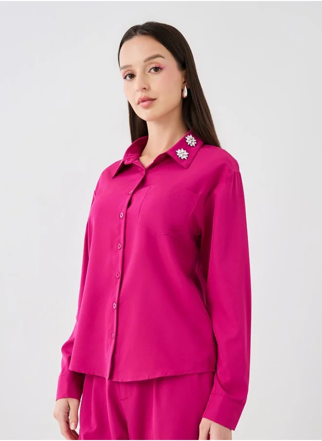 تايك تو Take Two Embellished Spared Collar Buttoned Shirt and Pants Co-Ords