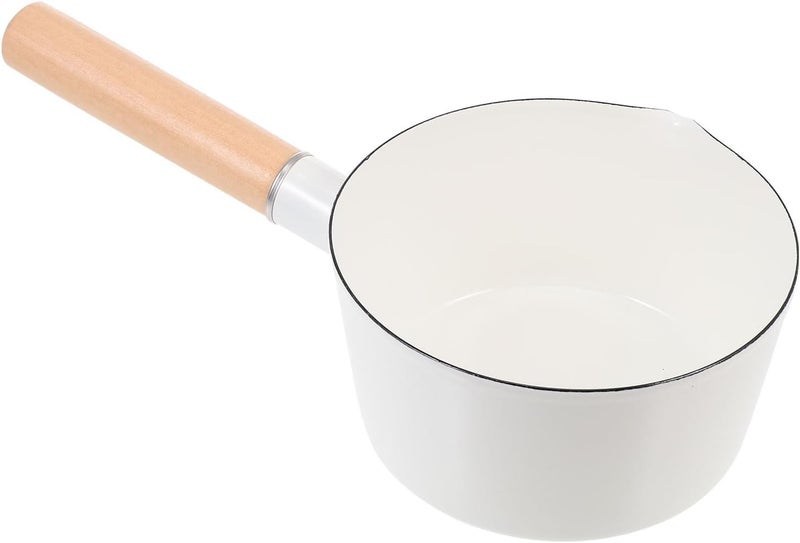 All preference matching build Enamel Complementary Food Pot 14cm White Milk Saucepan with Wooden Handle Small Butter Warmer for Food and Home Cooking Simple upgraded construction - Image 1
