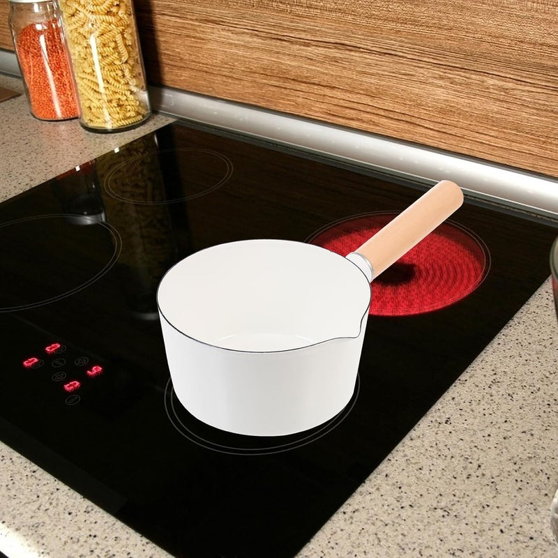 All preference matching build Enamel Complementary Food Pot 14cm White Milk Saucepan with Wooden Handle Small Butter Warmer for Food and Home Cooking Simple upgraded construction - Image 4